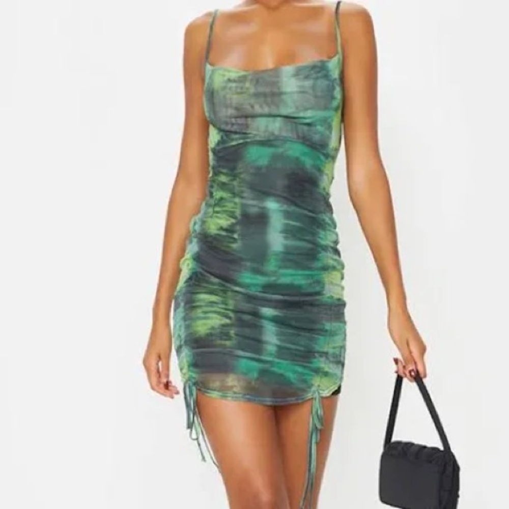 PrettyLittleThing Green Tie-Dye Mini Dress